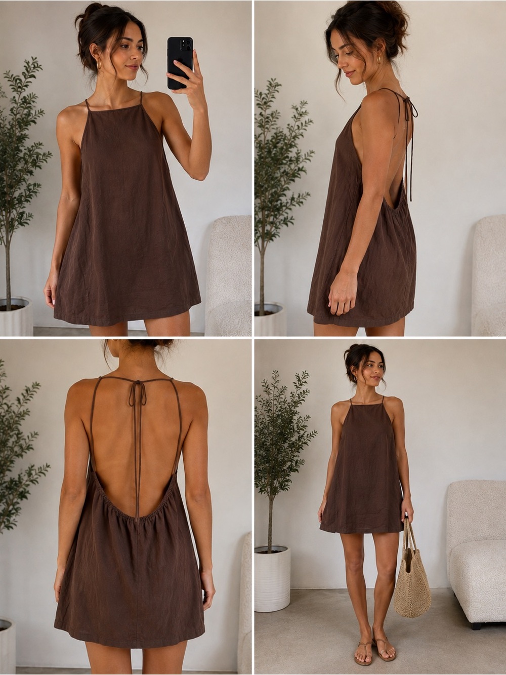 Brown Back-Tie Mini Dress